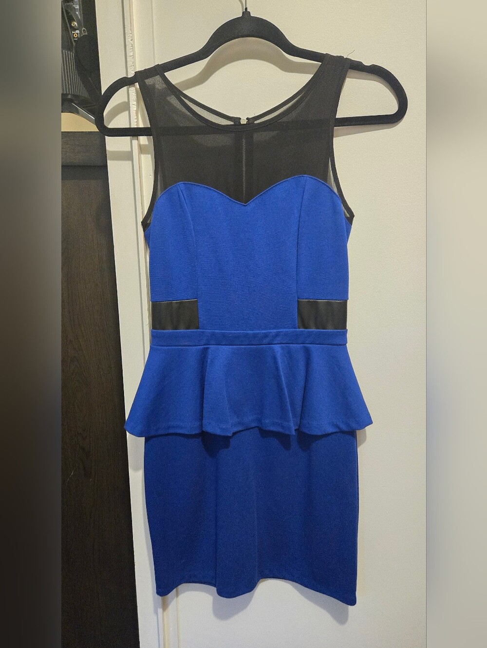 Kensie Royal Blue Peplum Sheath Dress with Black Mesh Yoke